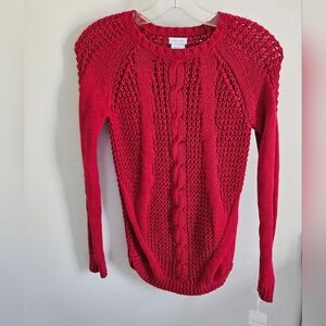 Tahari red metallic thread cable sweater